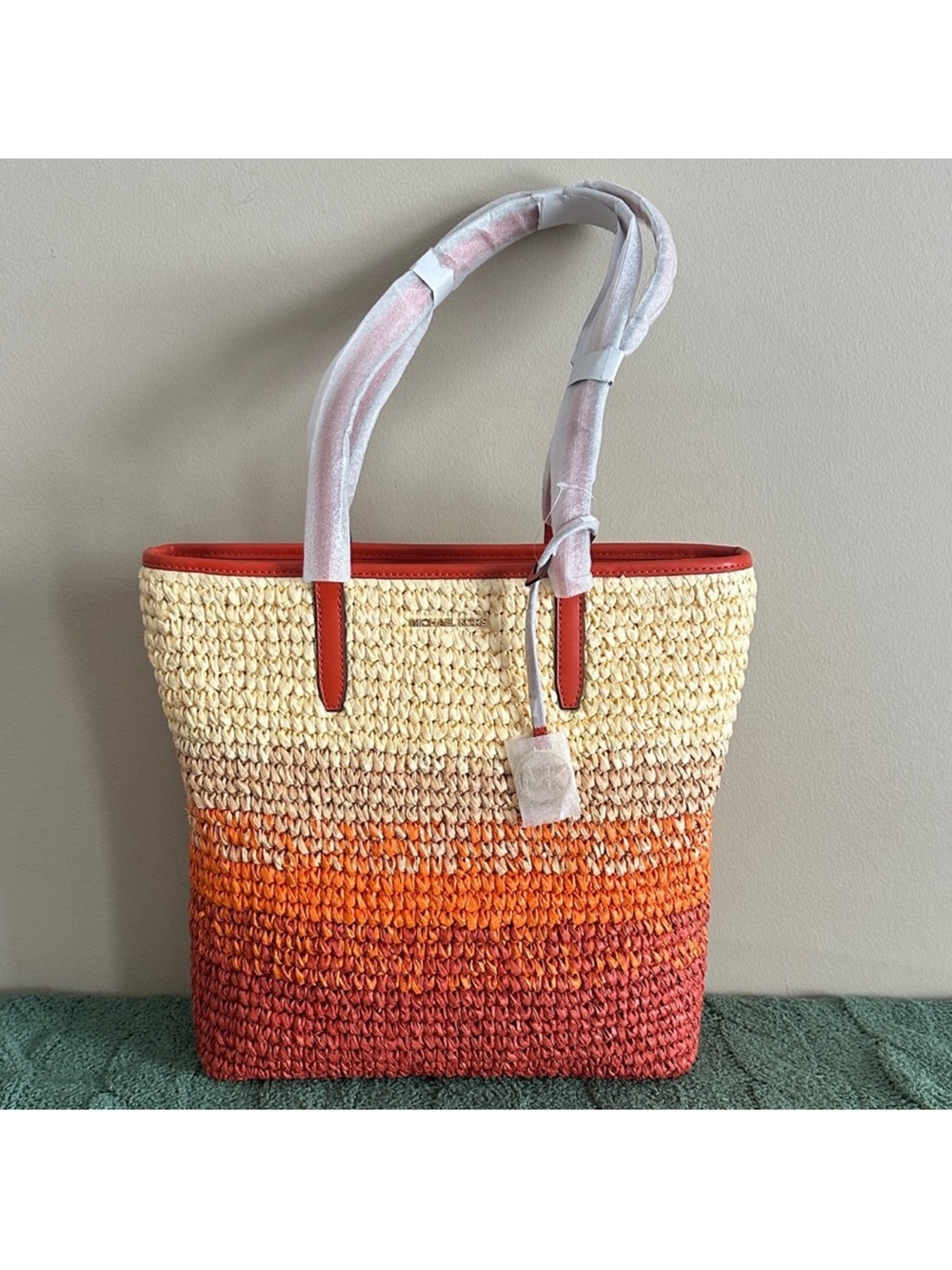 Michael Kors Straw Ombre Tote in Cream and Orange-Red